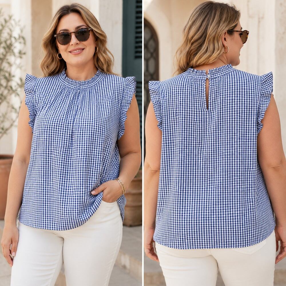 Tulip B Blue White Gingham Ruffle Sleeve Blouse Lightweight Cotton XL NWT